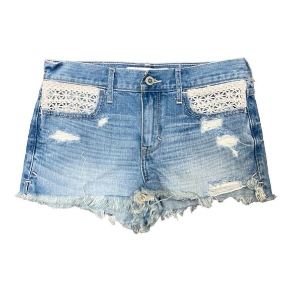 Hollister Pants - Hollister Blue Denim Jean Cutoff Shorts Size 25 Distressed Crochet Pockets EUC